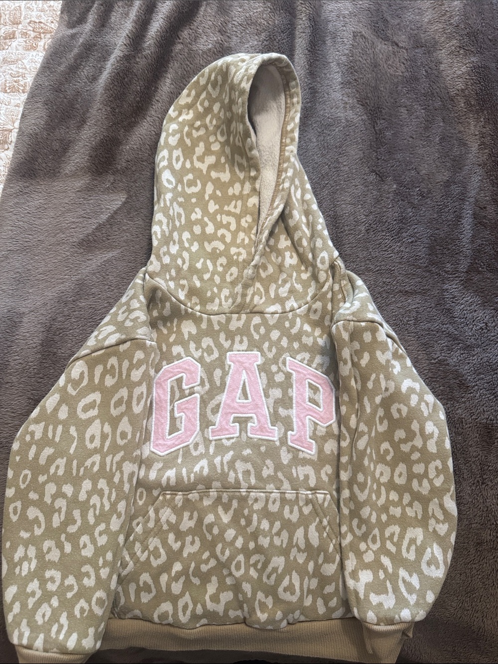 GAP Beige Leopard Print Hoodie with Pink Logo